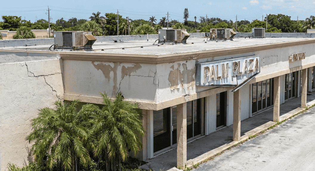 Commercial property in South Florida showing signs of major repairs needed, such as water damage, cracks, and exterior deterioration